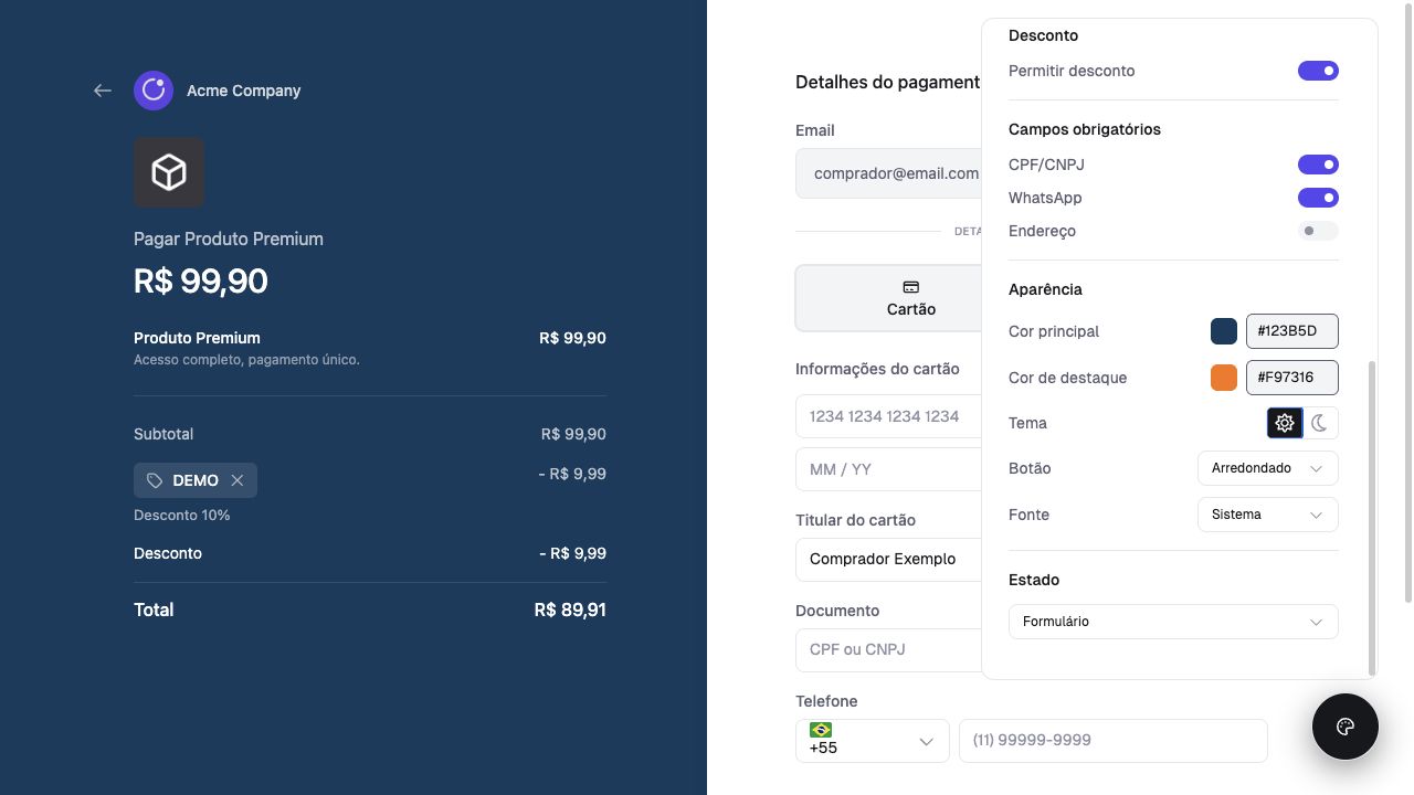 Preview do checkout com painel aberto para configurar desconto, campos obrigatórios, cores, tema, cantos e fonte