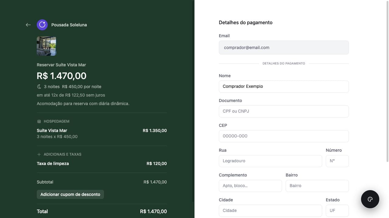 Checkout booking em verde com estadia, noites, adicionais e endereço do comprador