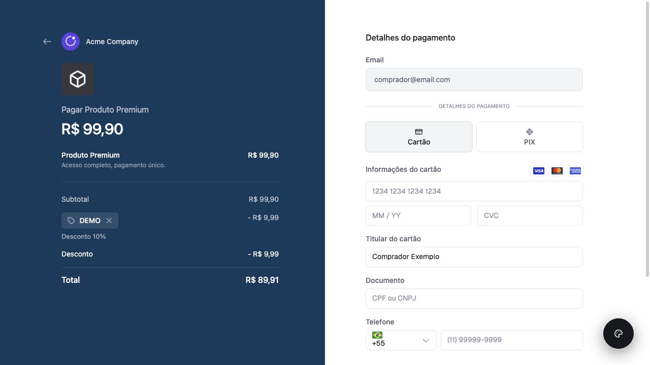 Checkout minimal em azul com desconto, cartão, Pix, documento e telefone