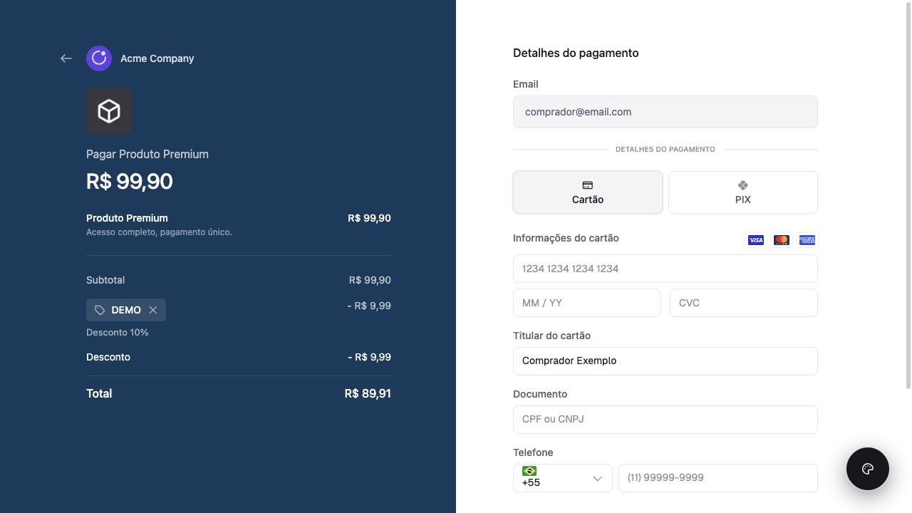 Checkout minimal em azul com desconto, cartão, Pix, documento e telefone