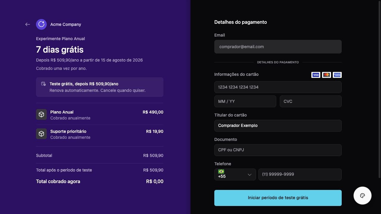 Checkout subscription roxo em tema escuro com plano anual, período de teste e pagamento por cartão