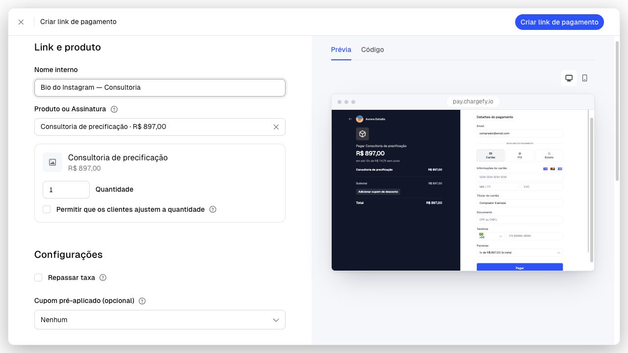 Tela Criar link de pagamento preenchida com uma consultoria e sua prévia de checkout em desktop