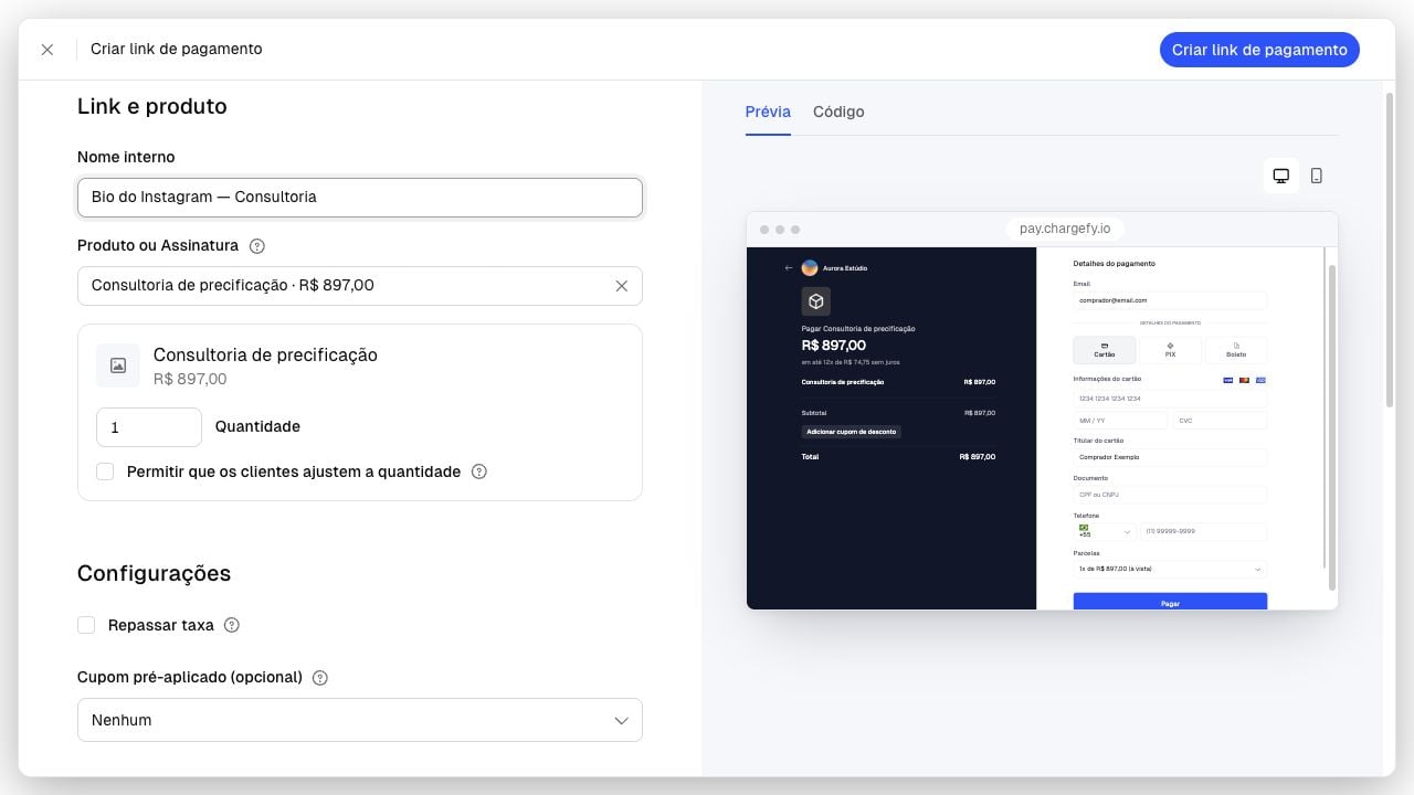 Tela Criar link de pagamento preenchida com uma consultoria e sua prévia de checkout em desktop