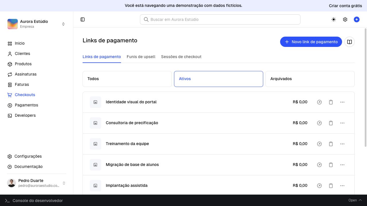 Dashboard da Chargefy na página Links de pagamento, mostrando filtros, links ativos e o botão Novo link de pagamento