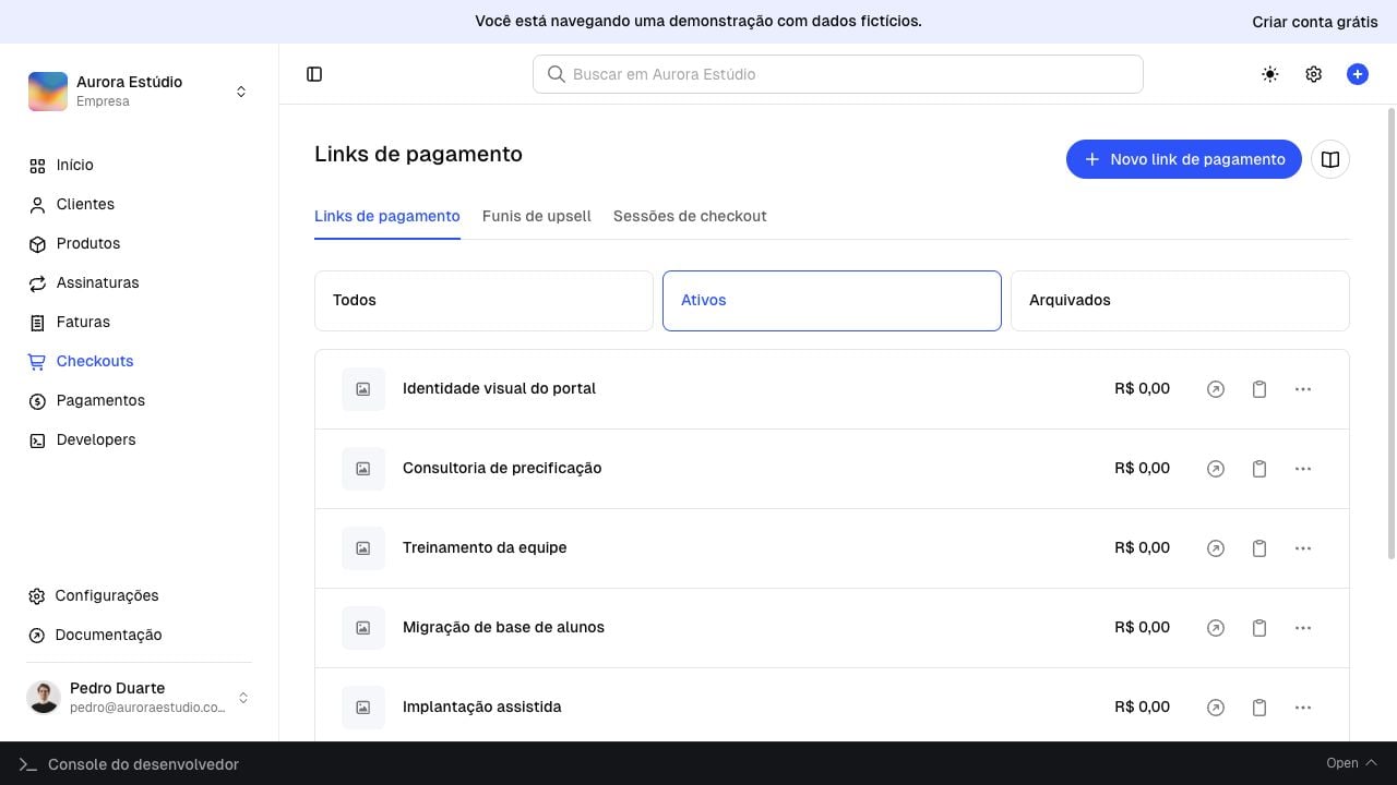 Dashboard da Chargefy na página Links de pagamento, mostrando filtros, links ativos e o botão Novo link de pagamento