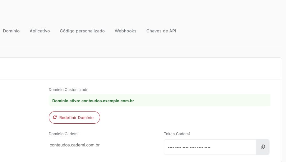 Tela Domínio do painel da Cademí com as abas de Configurações, o domínio da área de membros e o campo Token Cademí ocultado por segurança