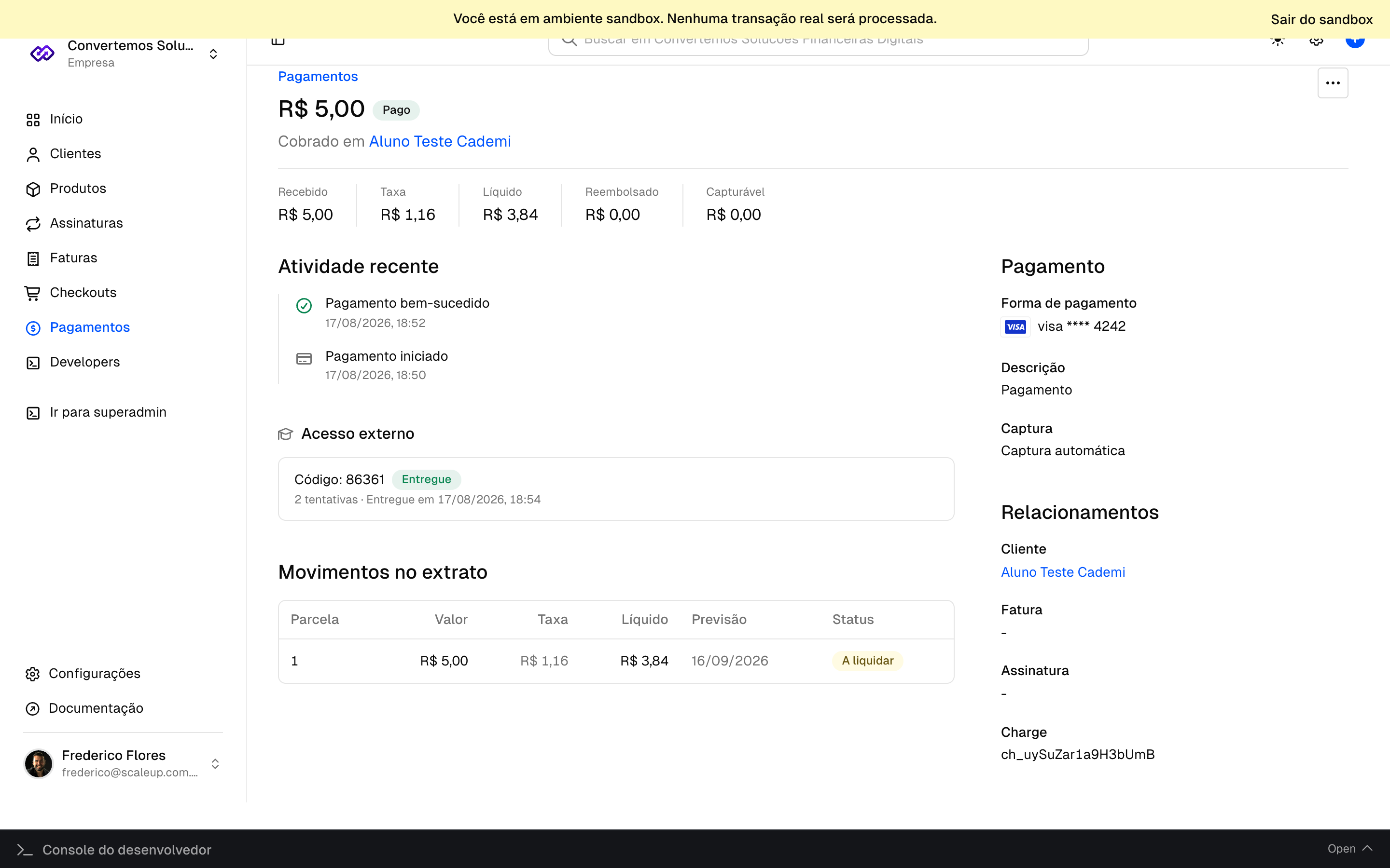 Detalhe de um pagamento na Chargefy com a seção Acesso externo mostrando a entrega confirmada pela Cademí