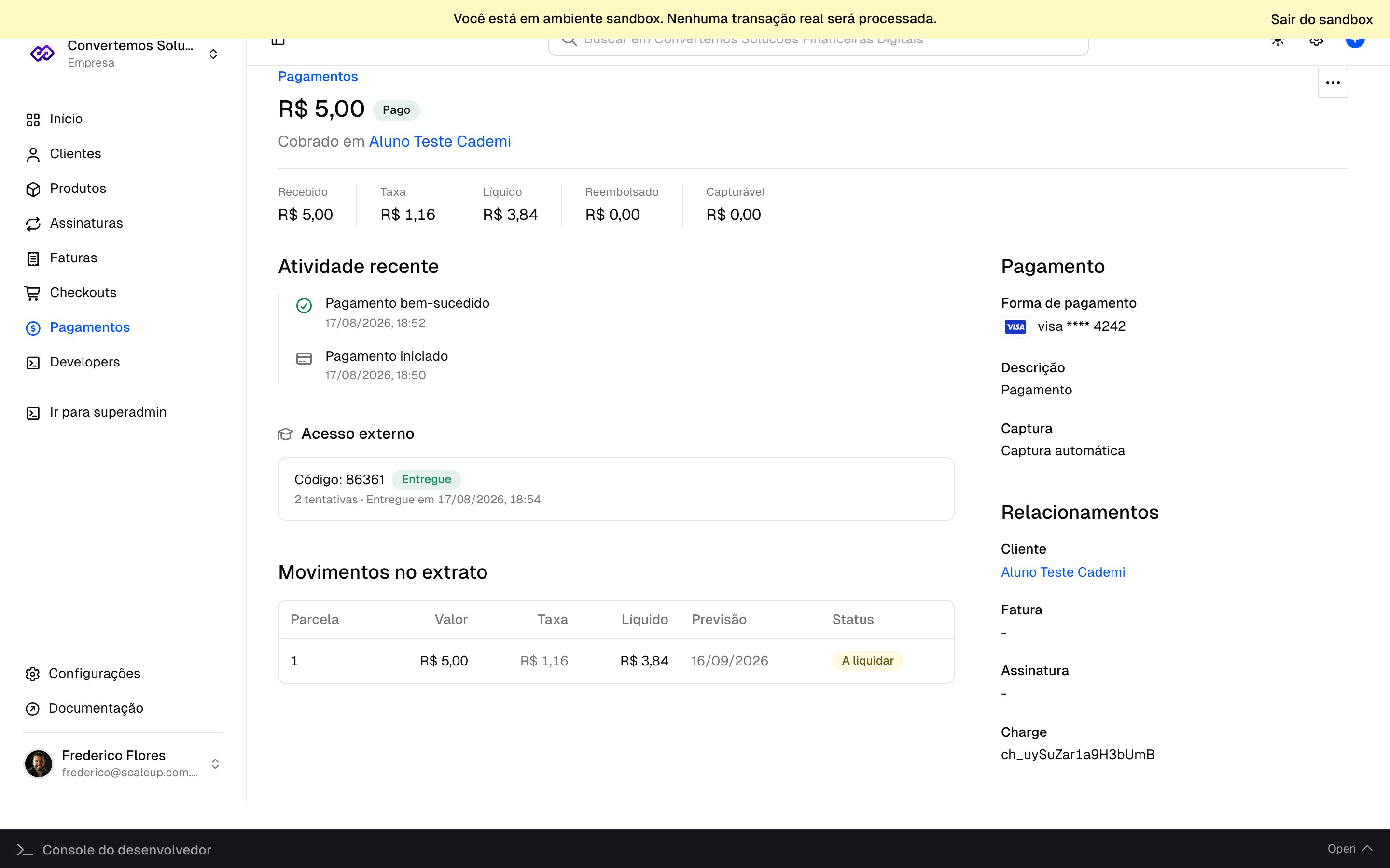 Detalhe de um pagamento na Chargefy com a seção Acesso externo mostrando a entrega confirmada pela Cademí