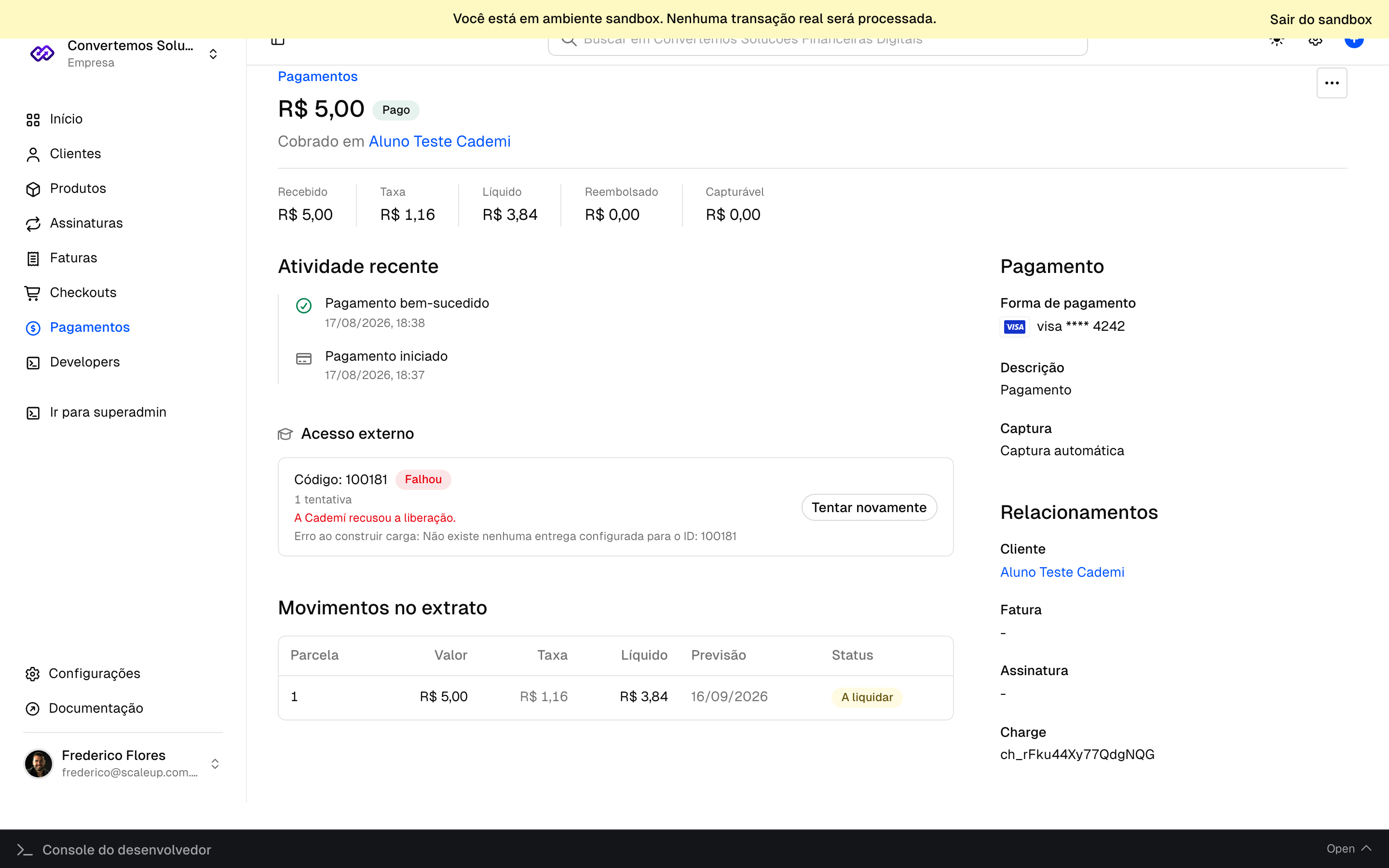 Detalhe de um pagamento na Chargefy com a seção Acesso externo mostrando uma entrega com falha, a mensagem de erro da Cademí e o botão Tentar novamente