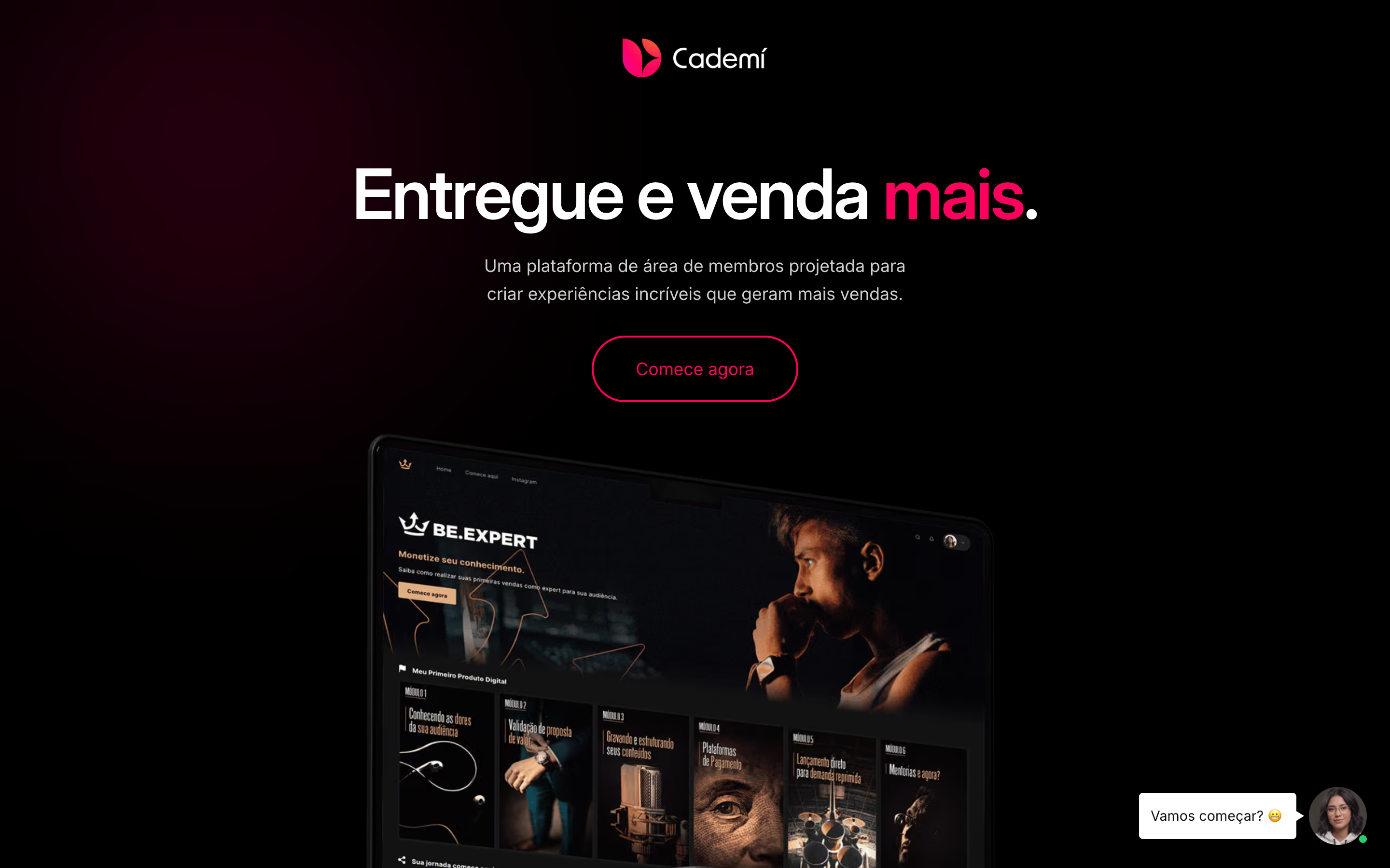 Página da Cademí: Entregue e venda mais — uma plataforma de área de membros para criar experiências que geram mais vendas