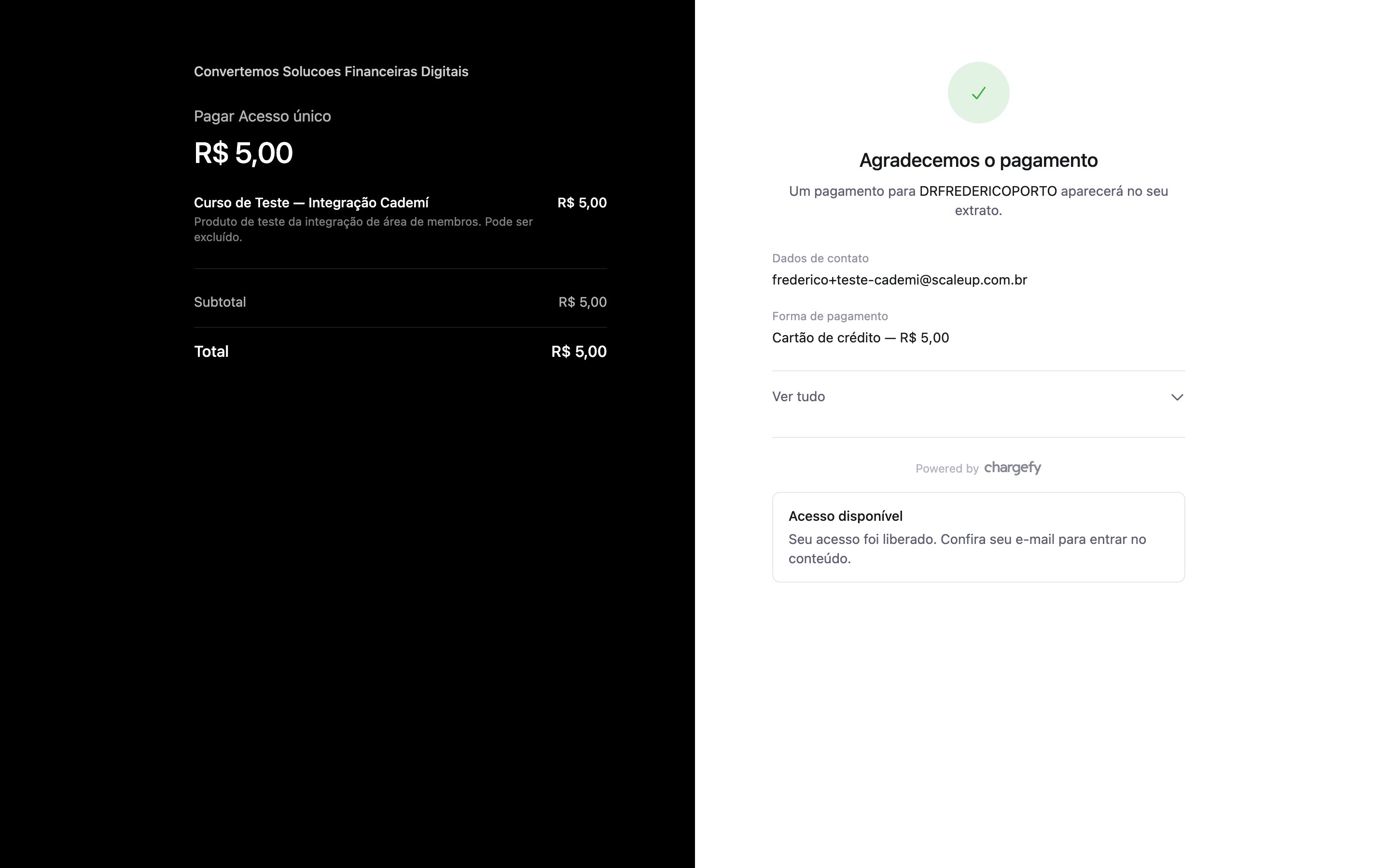 Página de confirmação do checkout da Chargefy com o estado Acesso disponível após a Cademí confirmar a liberação