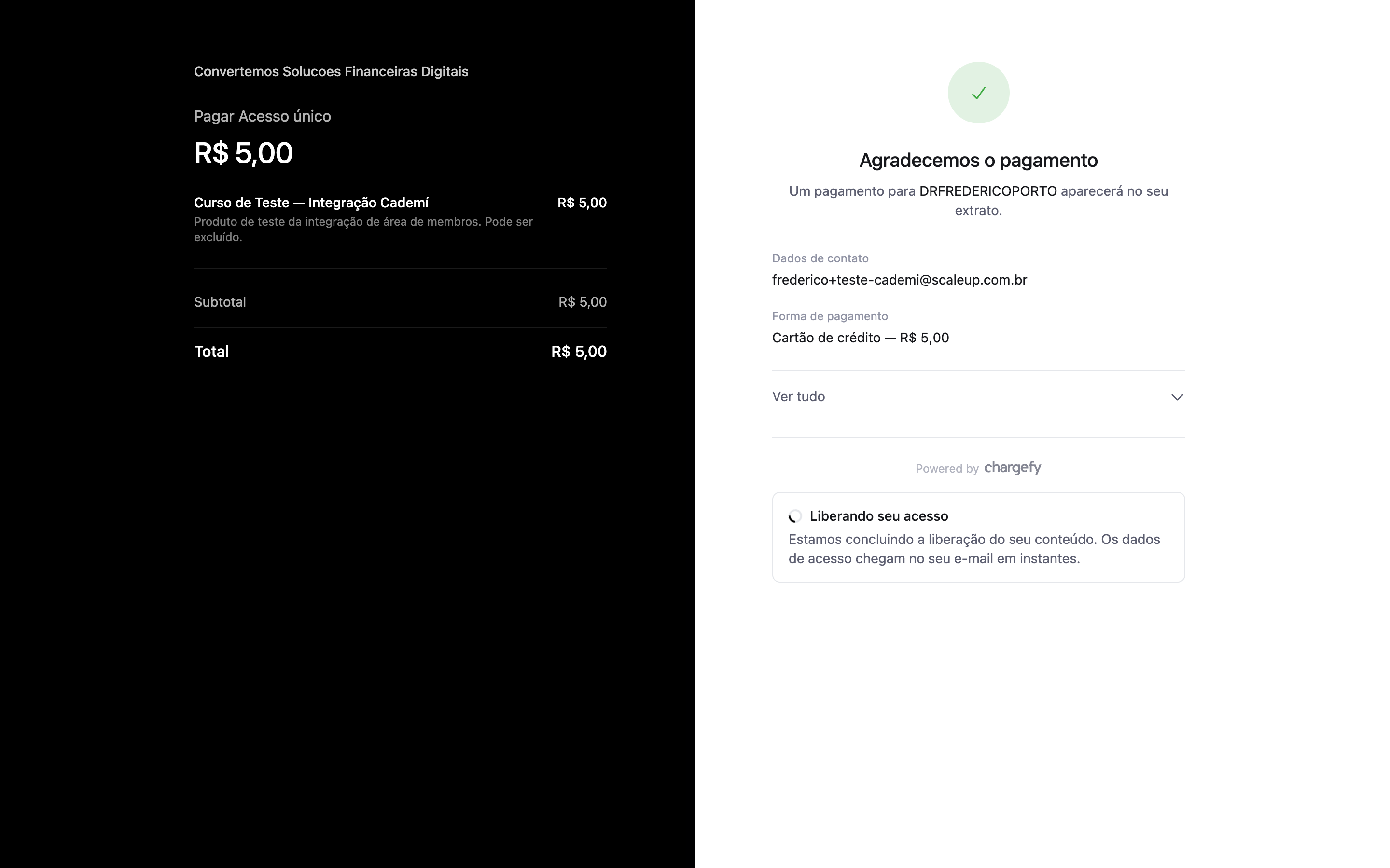 Página de confirmação do checkout da Chargefy com o pagamento aprovado e o estado Liberando seu acesso