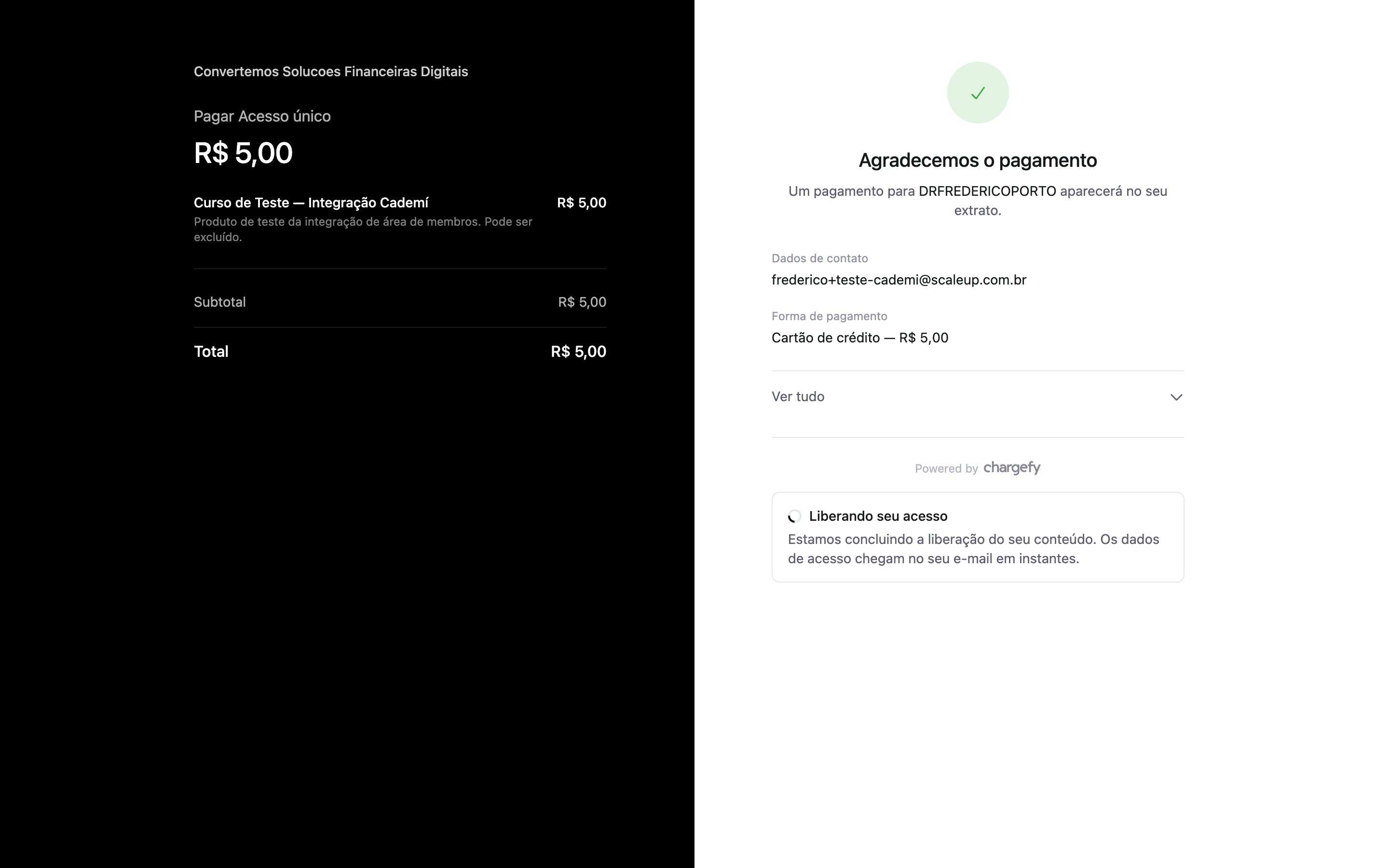 Página de confirmação do checkout da Chargefy com o pagamento aprovado e o estado Liberando seu acesso