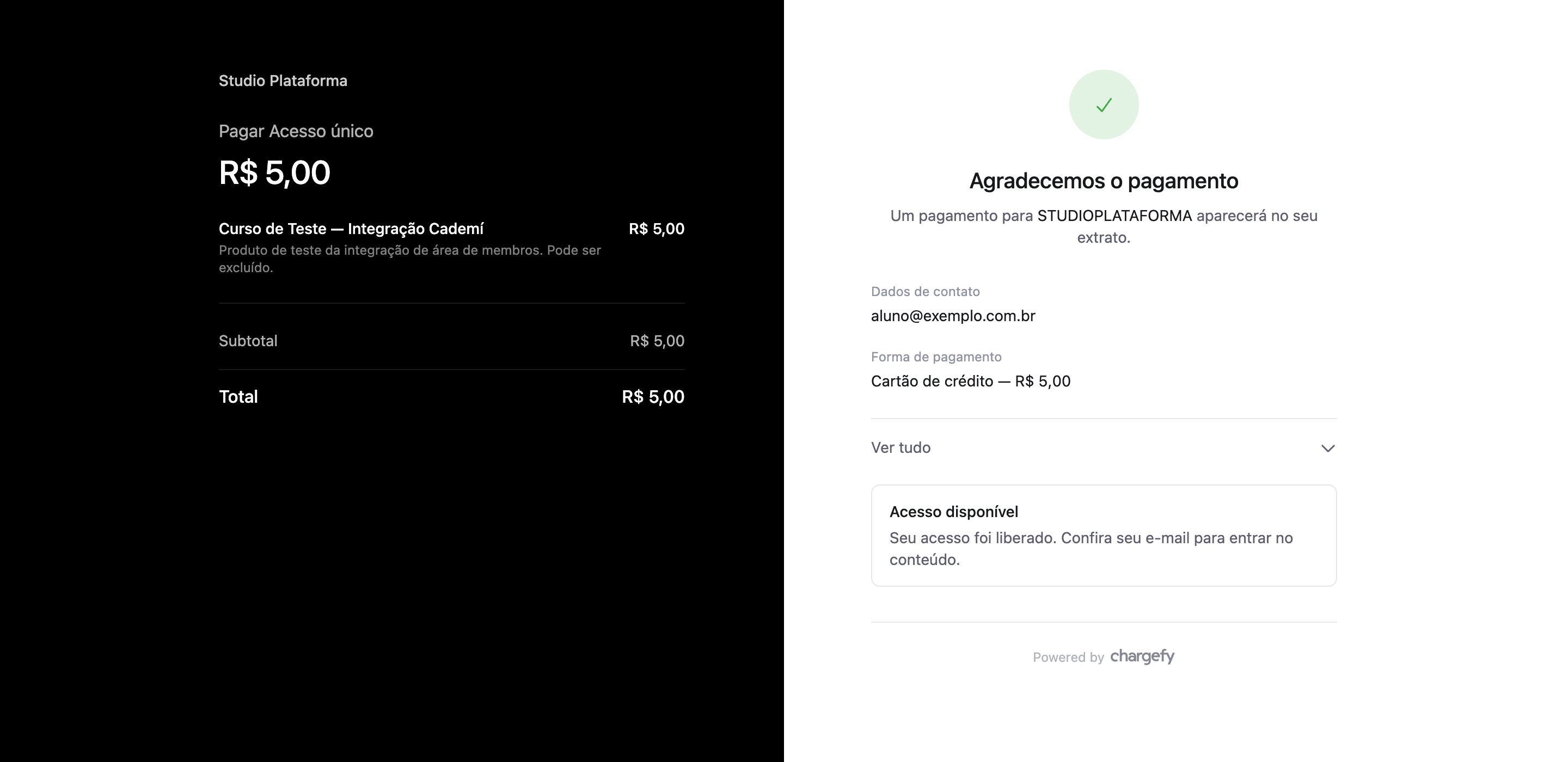 Página de confirmação do checkout da Chargefy com o estado Acesso disponível após a Cademí confirmar a liberação