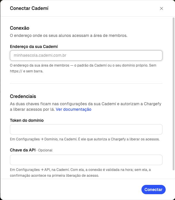 Formulário Conectar Cademí na Chargefy com os campos endereço da Cademí, token do domínio e chave da API opcional