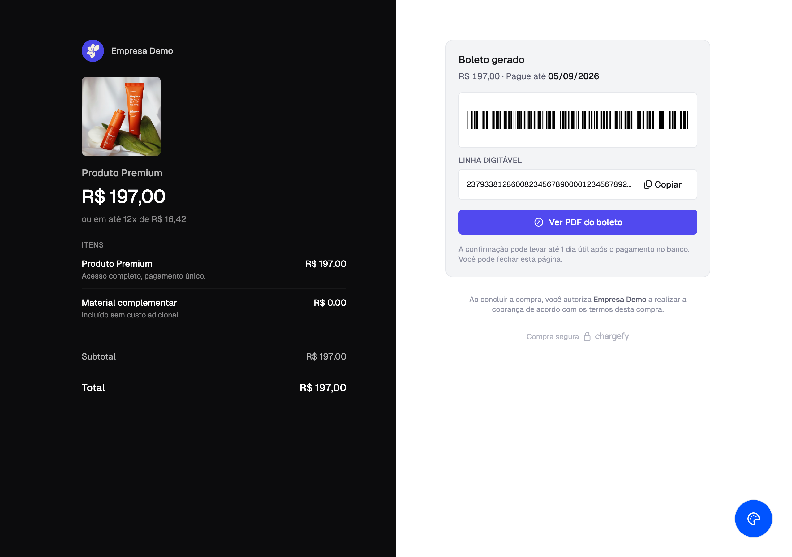 Página de pagamento hospedada mostrando boleto gerado, com código de barras e linha digitável