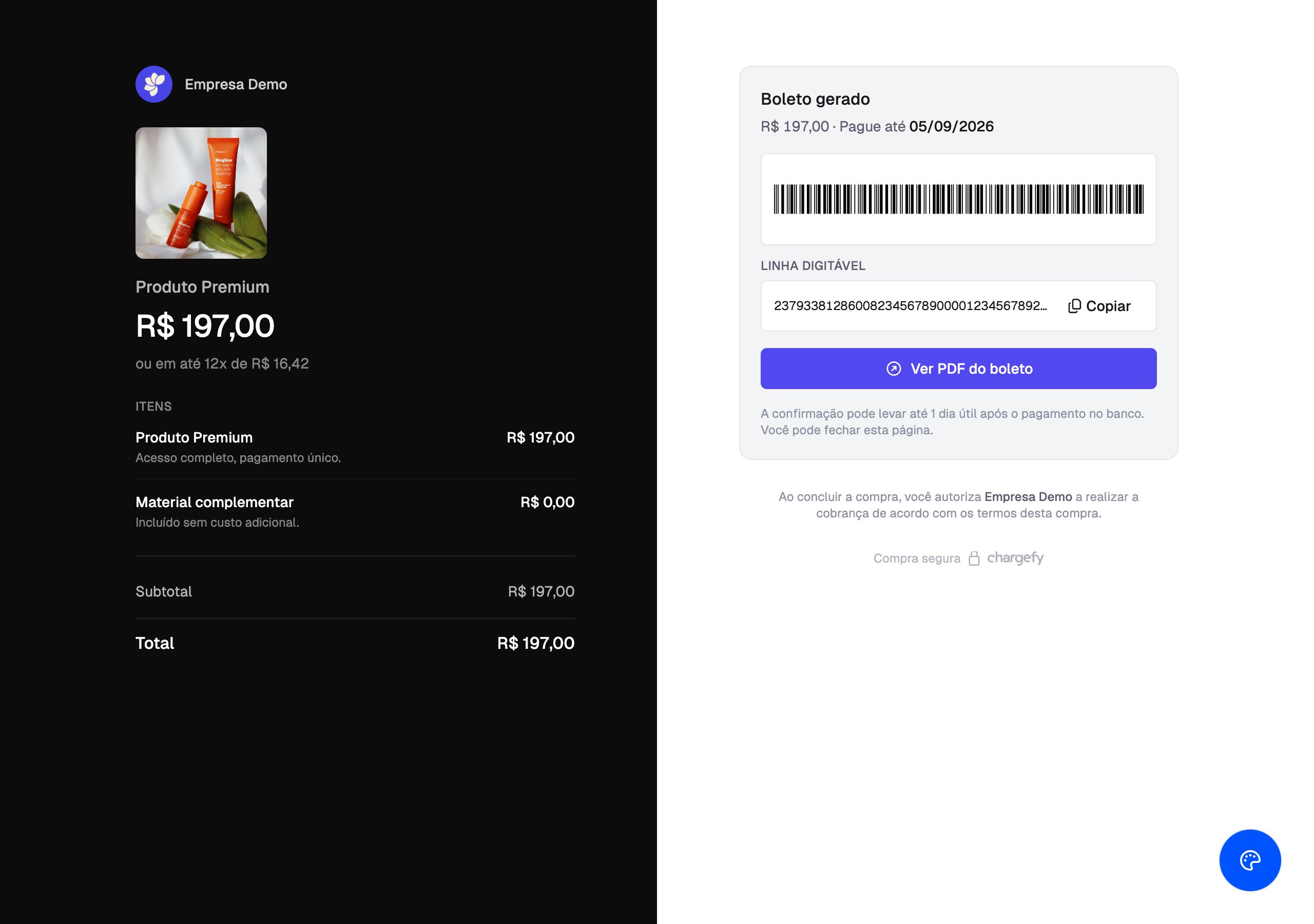 Página de pagamento hospedada mostrando boleto gerado, com código de barras e linha digitável