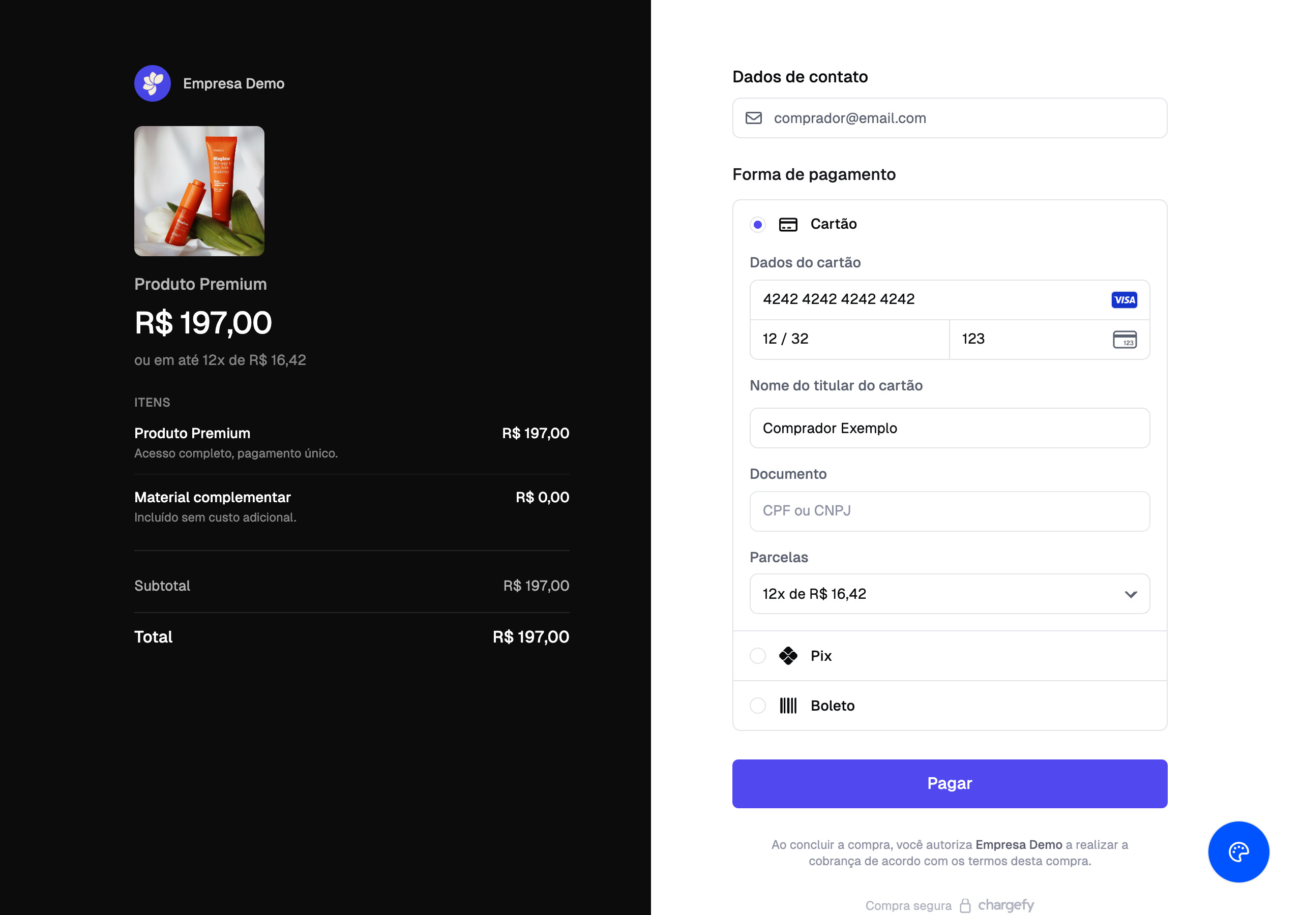Página de checkout hospedada pela Chargefy com resumo do pedido e formulário de pagamento