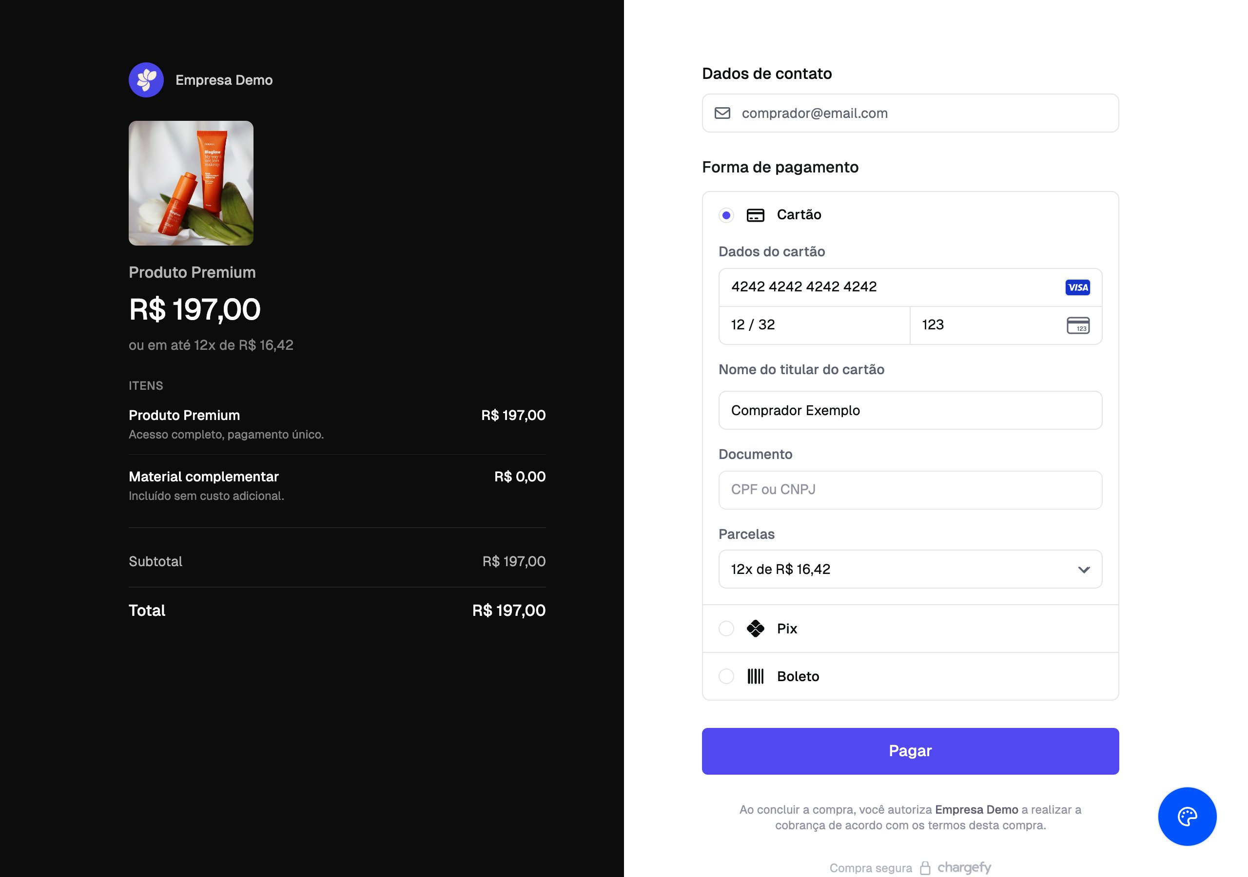 Página de checkout hospedada pela Chargefy com resumo do pedido e formulário de pagamento
