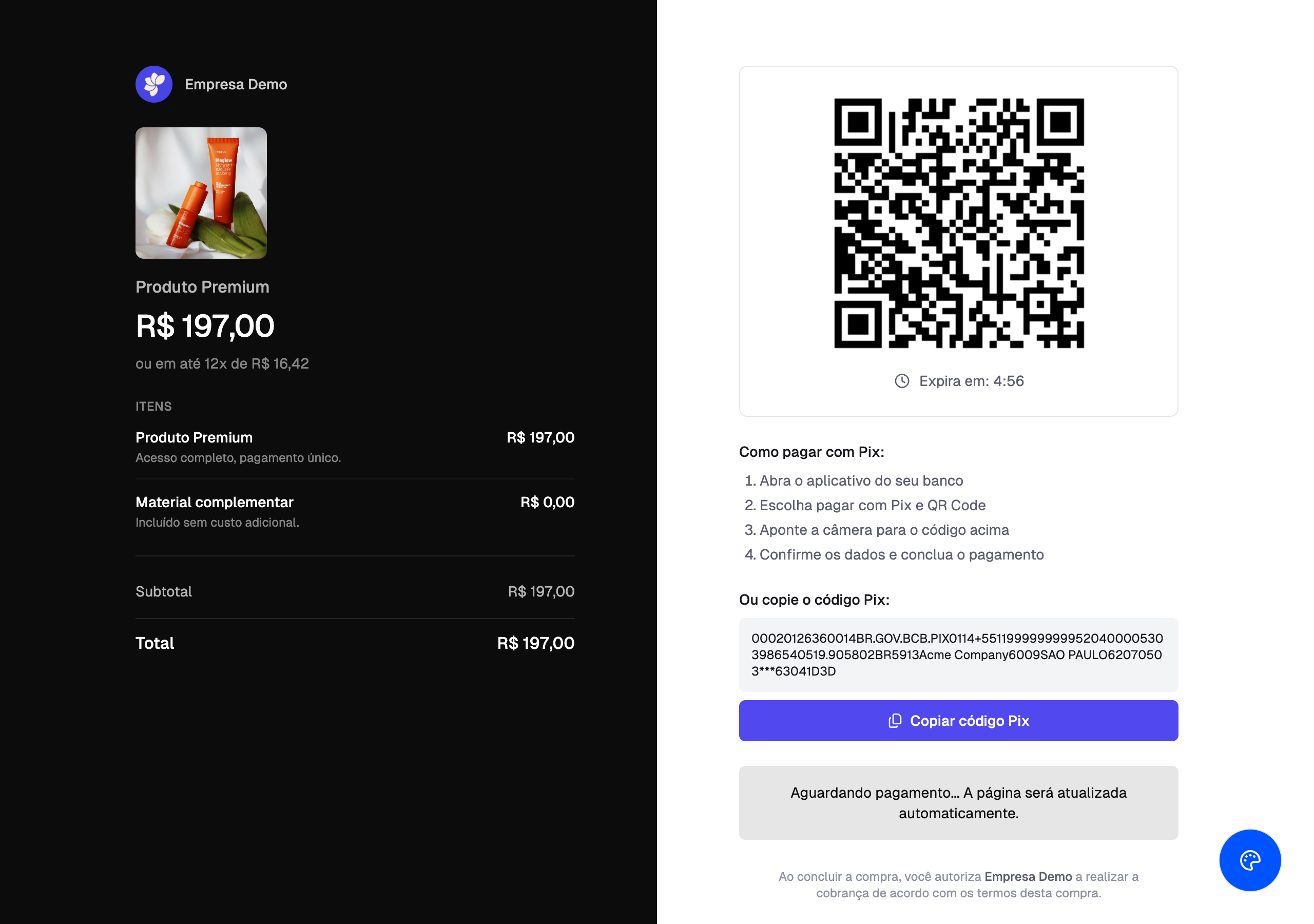 Página de pagamento hospedada mostrando QR code Pix gerado, com instruções de pagamento