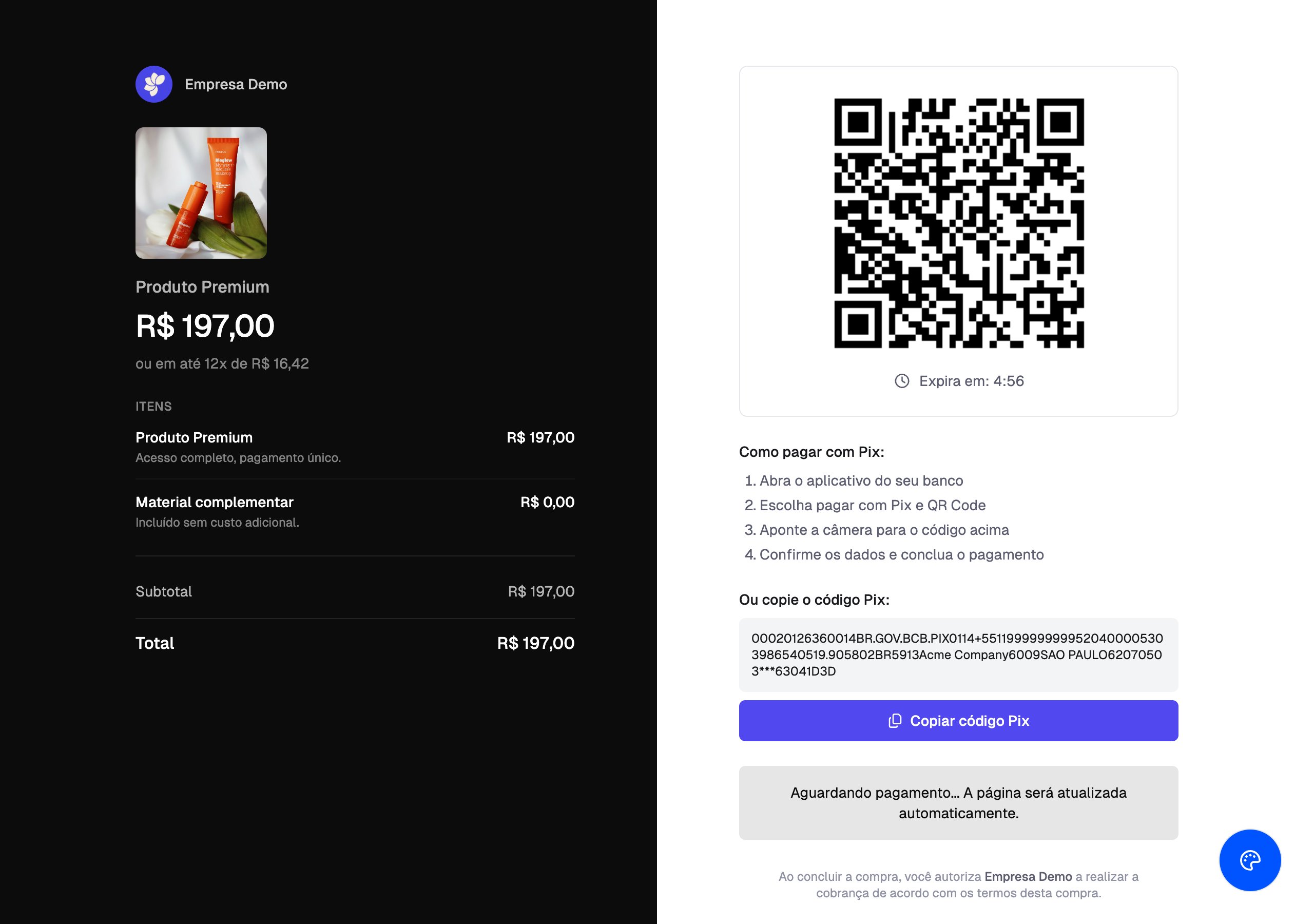 Página de pagamento hospedada mostrando QR code Pix gerado, com instruções de pagamento