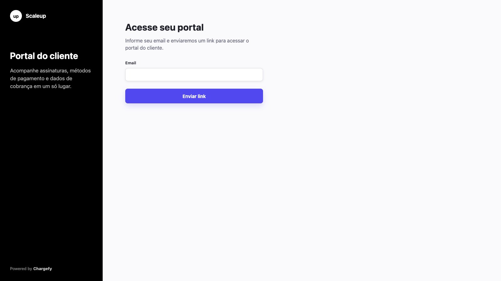 Página de login do portal do cliente com sidebar de marca da organização e formulário de email