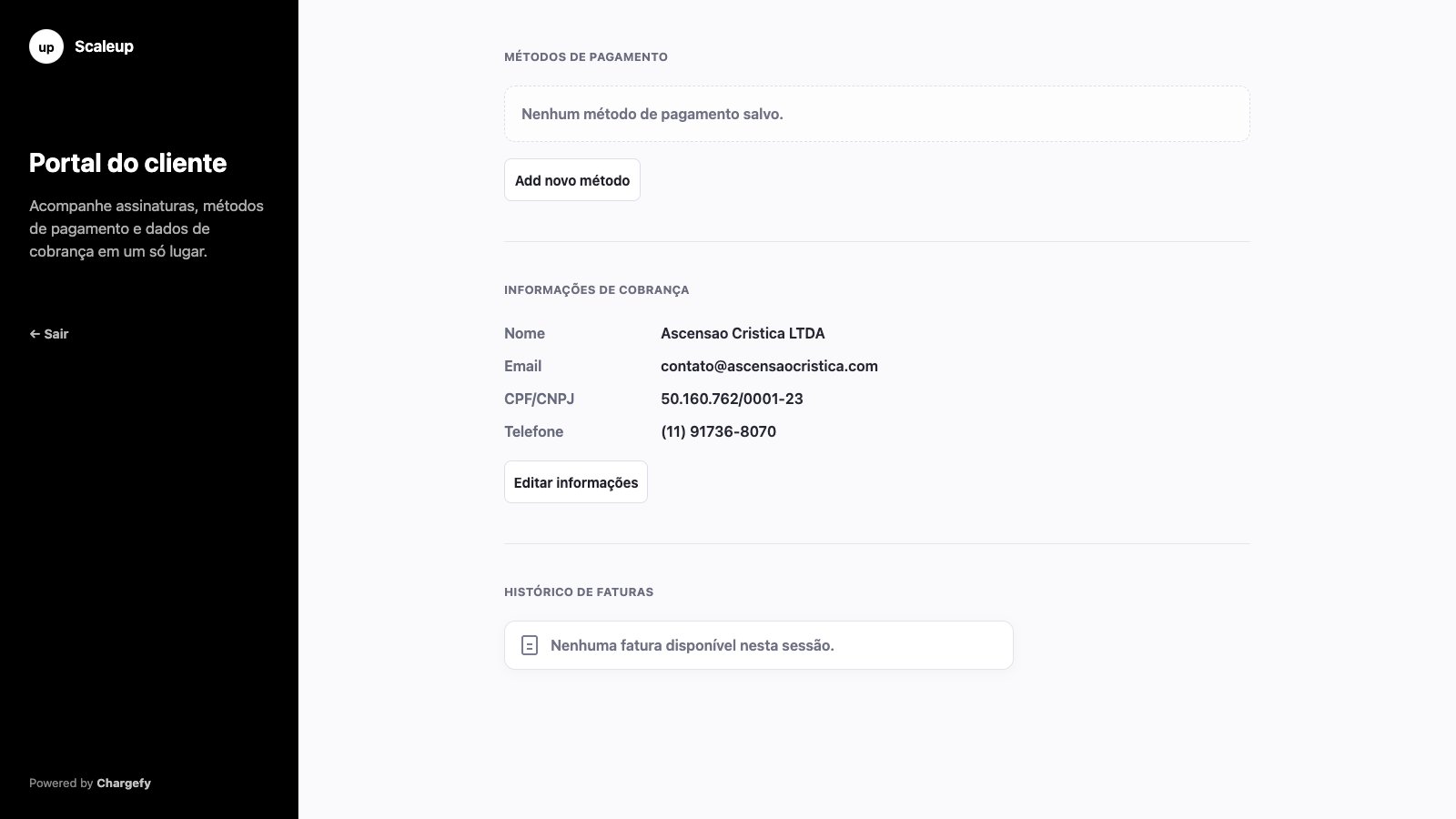 Área logada do portal do cliente mostrando métodos de pagamento, dados de cobrança e histórico de faturas