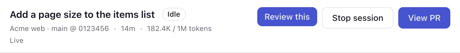 The header of a session titled Add a page size to the items list, with the status Idle. Three buttons sit on the right: Review this, in the solid colour, then Stop session and View PR.