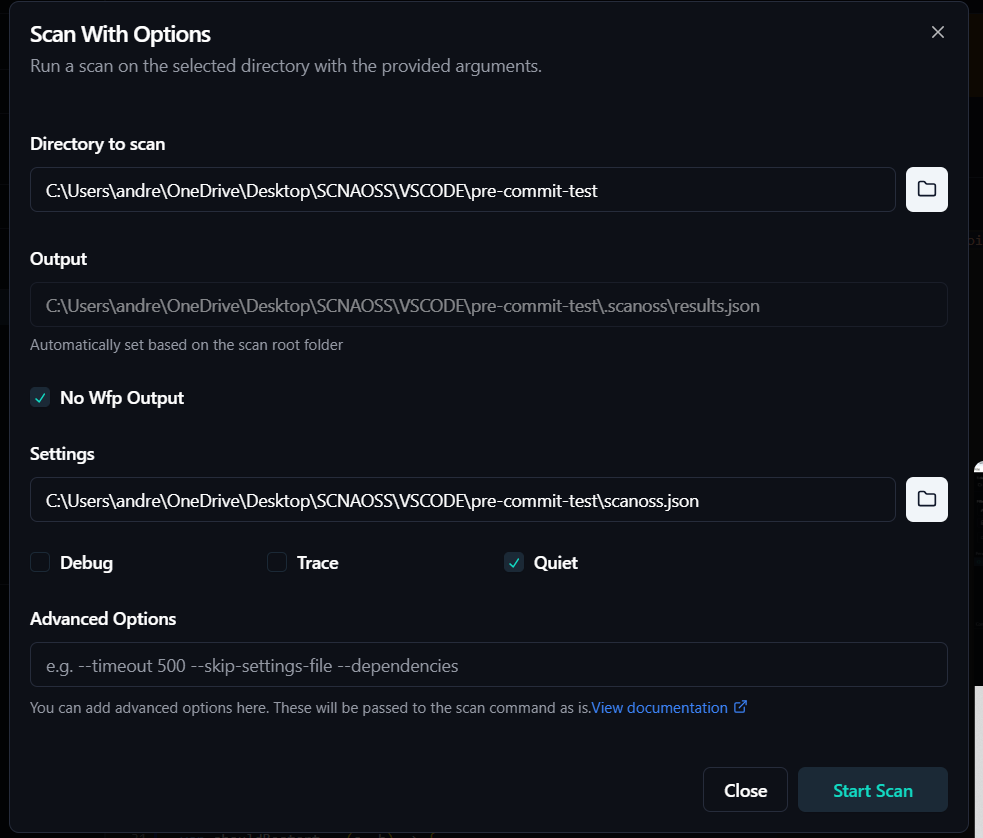SCANOSS-CC Scan Settings