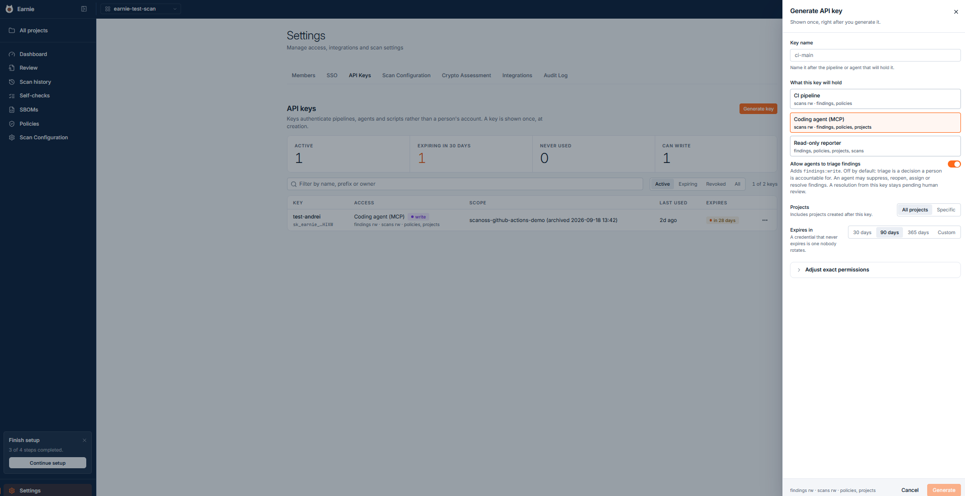 API Keys tab: generating a key and copying the MCP install command