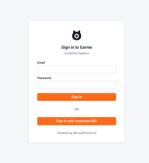 Login screen with email/password and SSO options