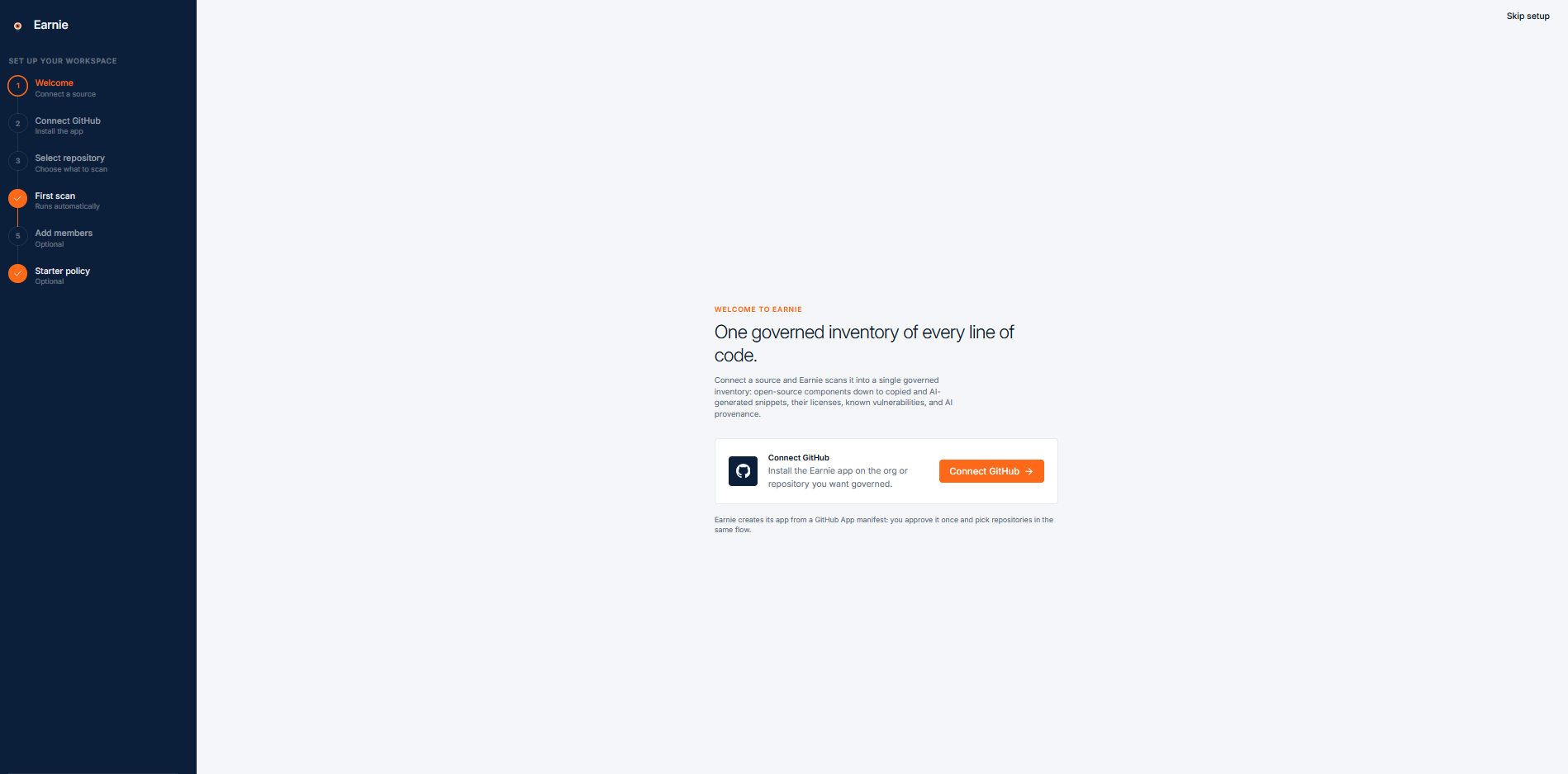 Onboarding wizard connecting a GitHub repository