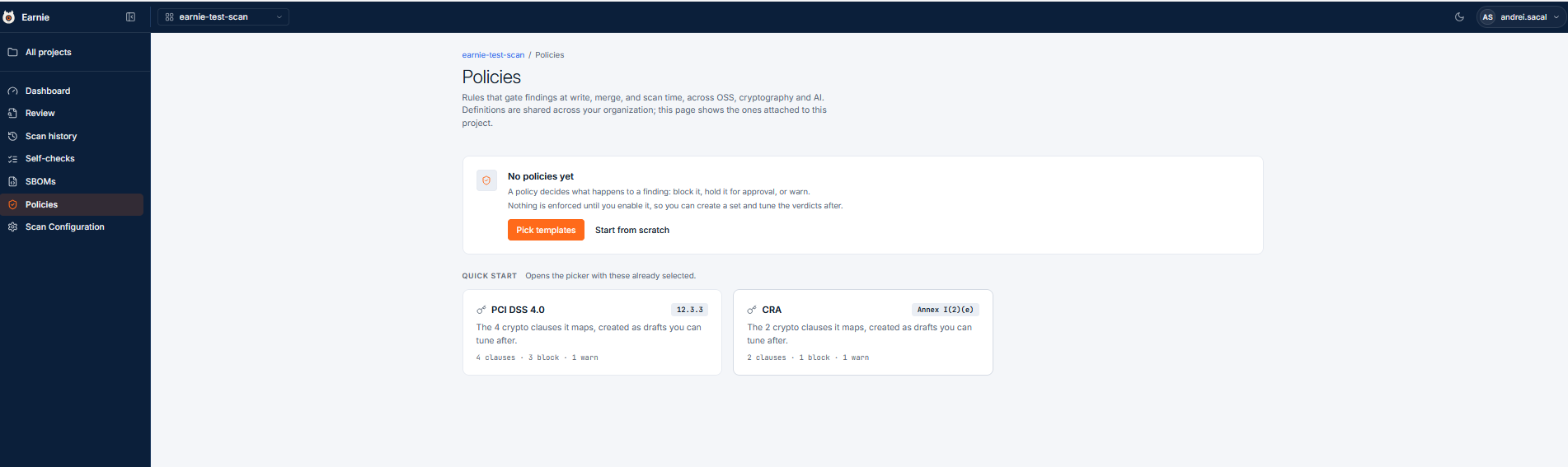 Policy page listing active policies and new policy options