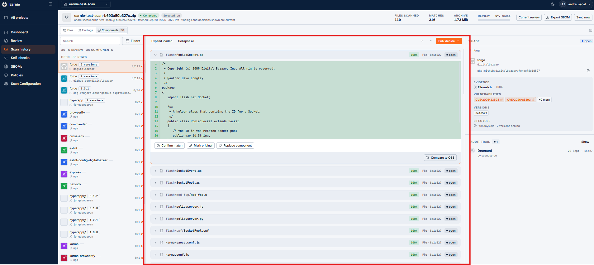 Centre panel with code view, wrap toggle, and component-match dropdown