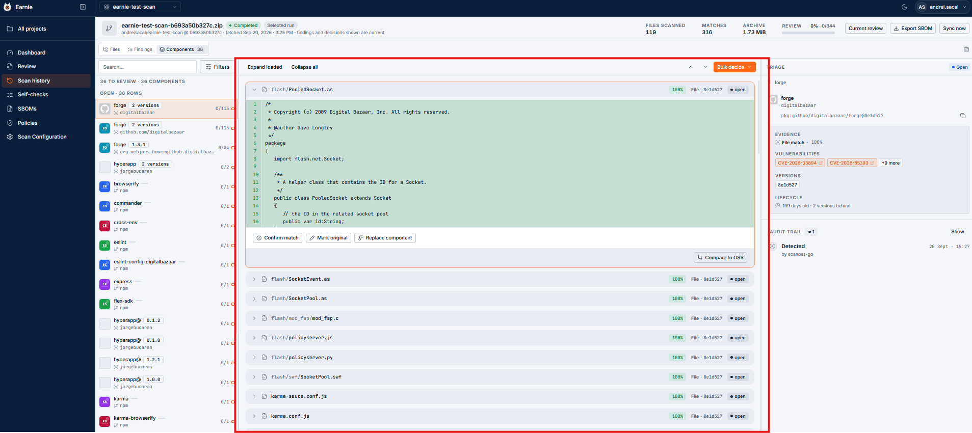 Centre panel with code view, wrap toggle, and component-match dropdown