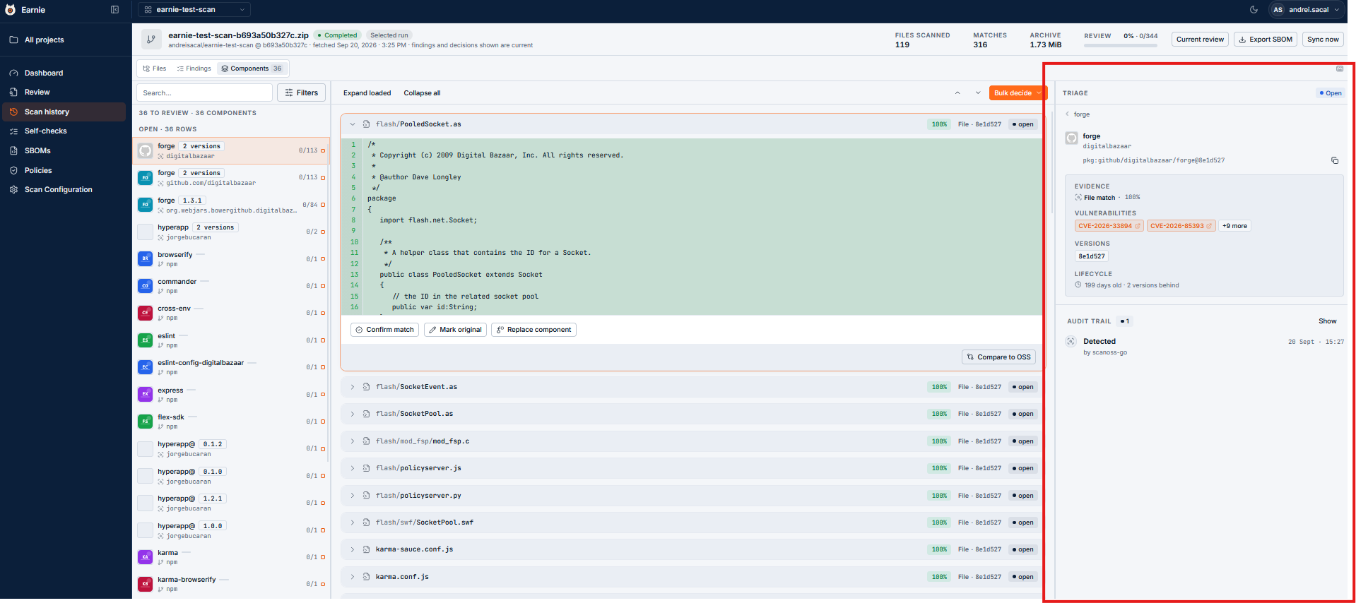 Right-hand metadata panel with audit trail