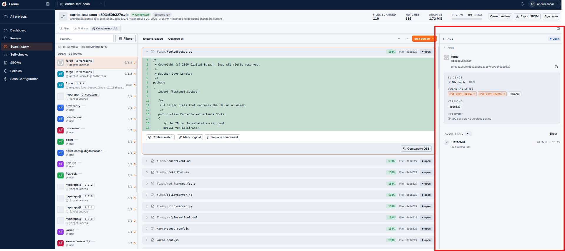 Right-hand metadata panel with audit trail