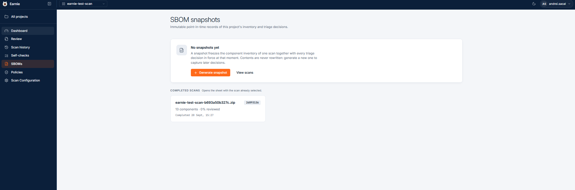 SBOM snapshot showing point-in-time project state