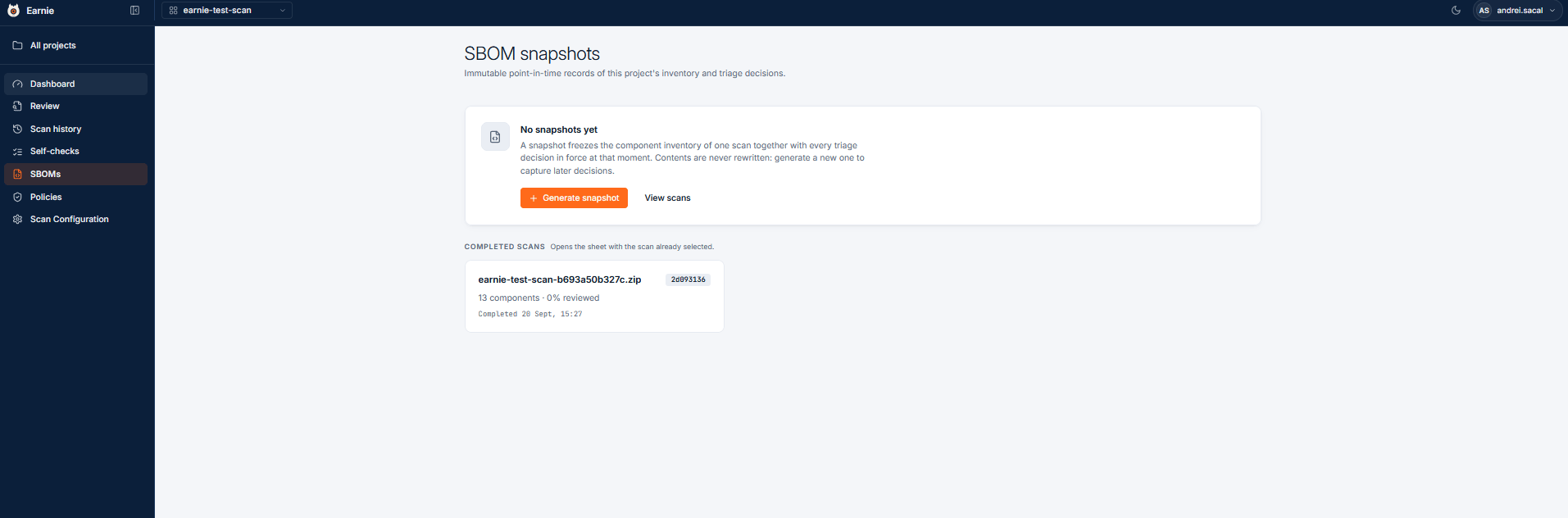 SBOM snapshot showing point-in-time project state