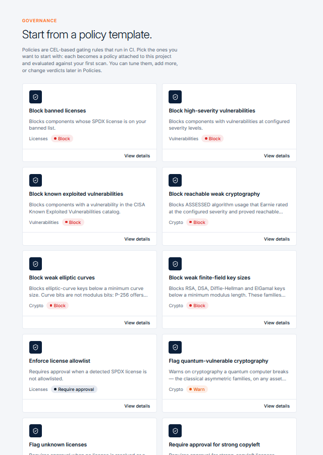 Policy template picker in the setup wizard