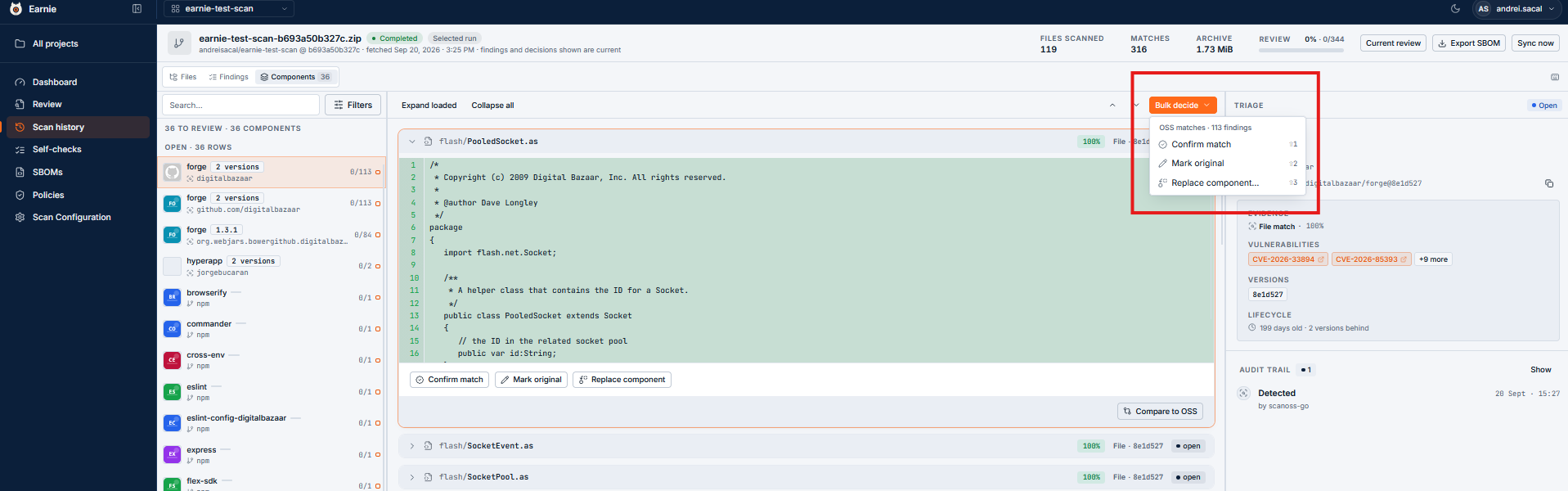 Action menu on a finding: confirm, mark as original, or replace