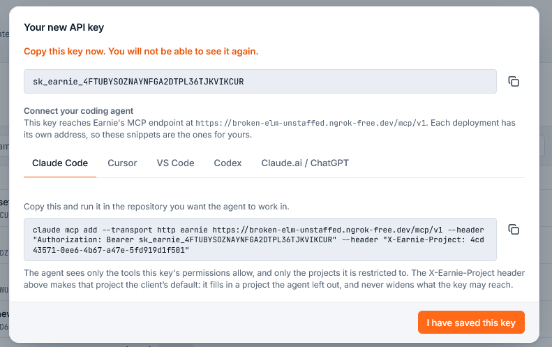 The install snippet for each client, built with your own Earnie address