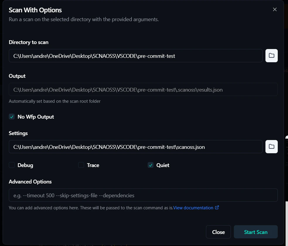 SCANOSS-CC Scan Settings