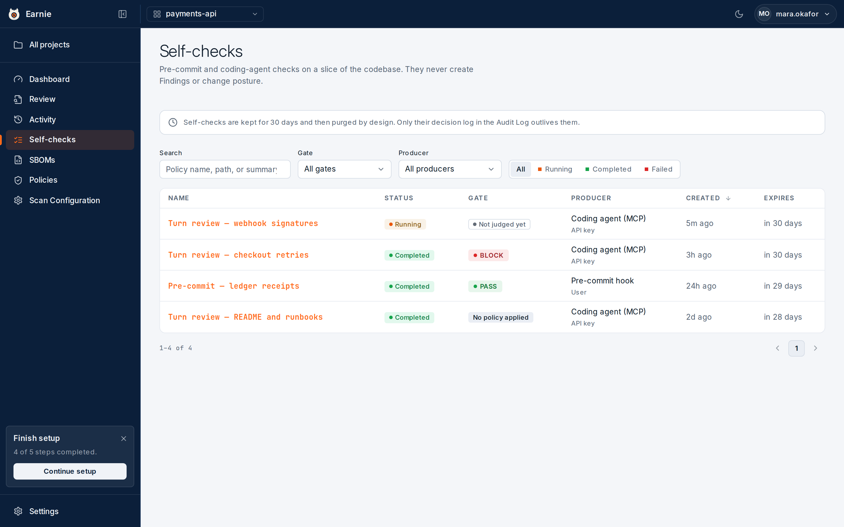 Self-checks are listed by run, filtered and sorted on the server so the list stays fast at any size