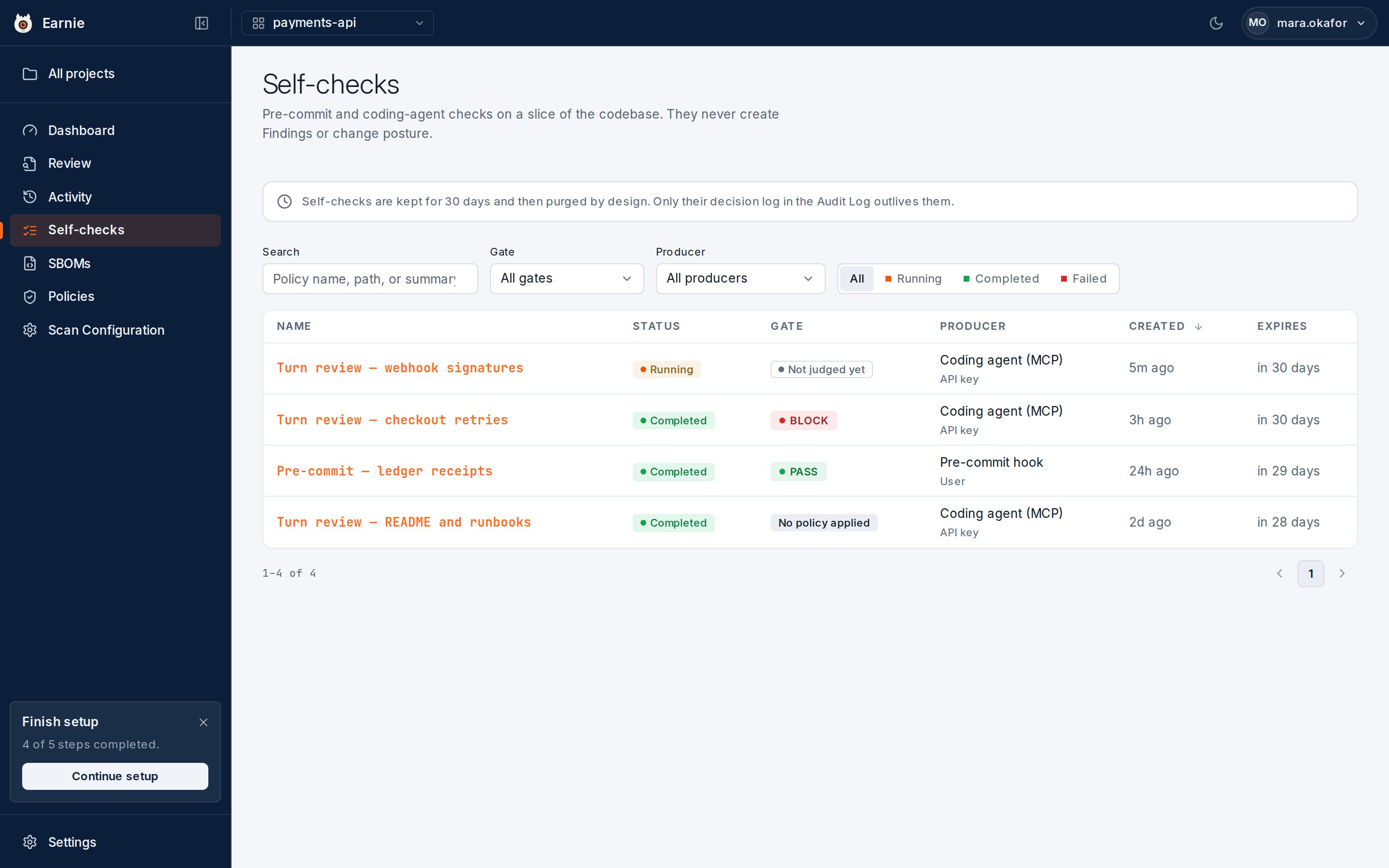 Self-checks are listed by run, filtered and sorted on the server so the list stays fast at any size