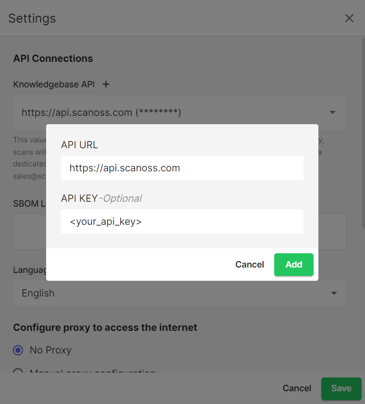 SBOM Workbench Settings screen showing the Base URL and API Key input fields
