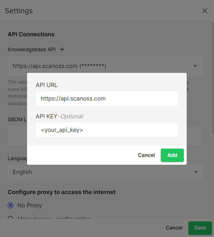 SBOM Workbench Settings screen showing the Base URL and API Key input fields