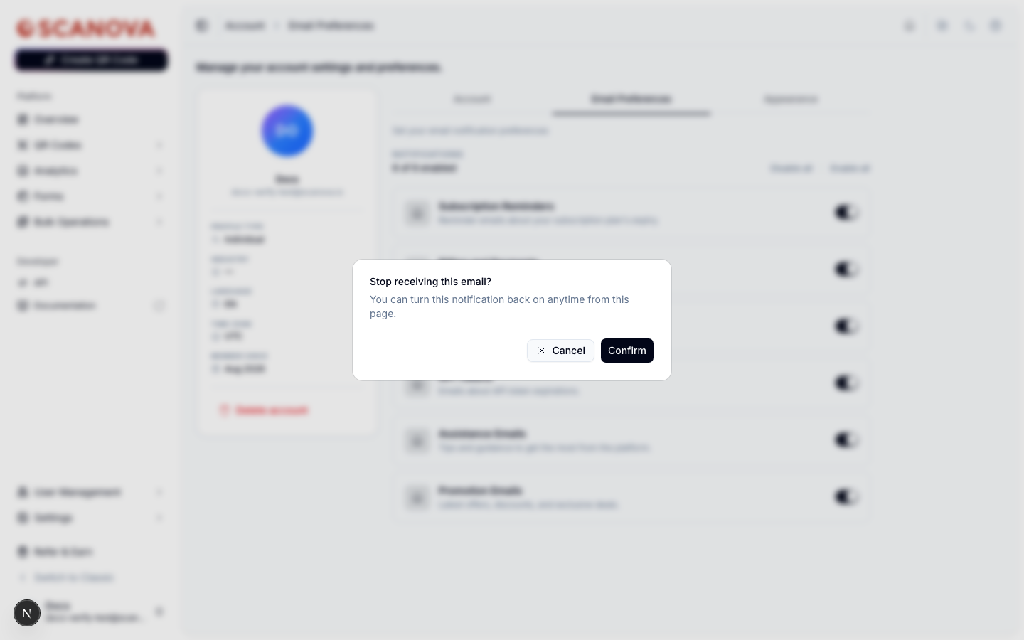 Cuadro de diálogo de confirmación Stop receiving this email? con el mensaje You can turn this notification back on anytime from this page, y botones Cancel/Confirm