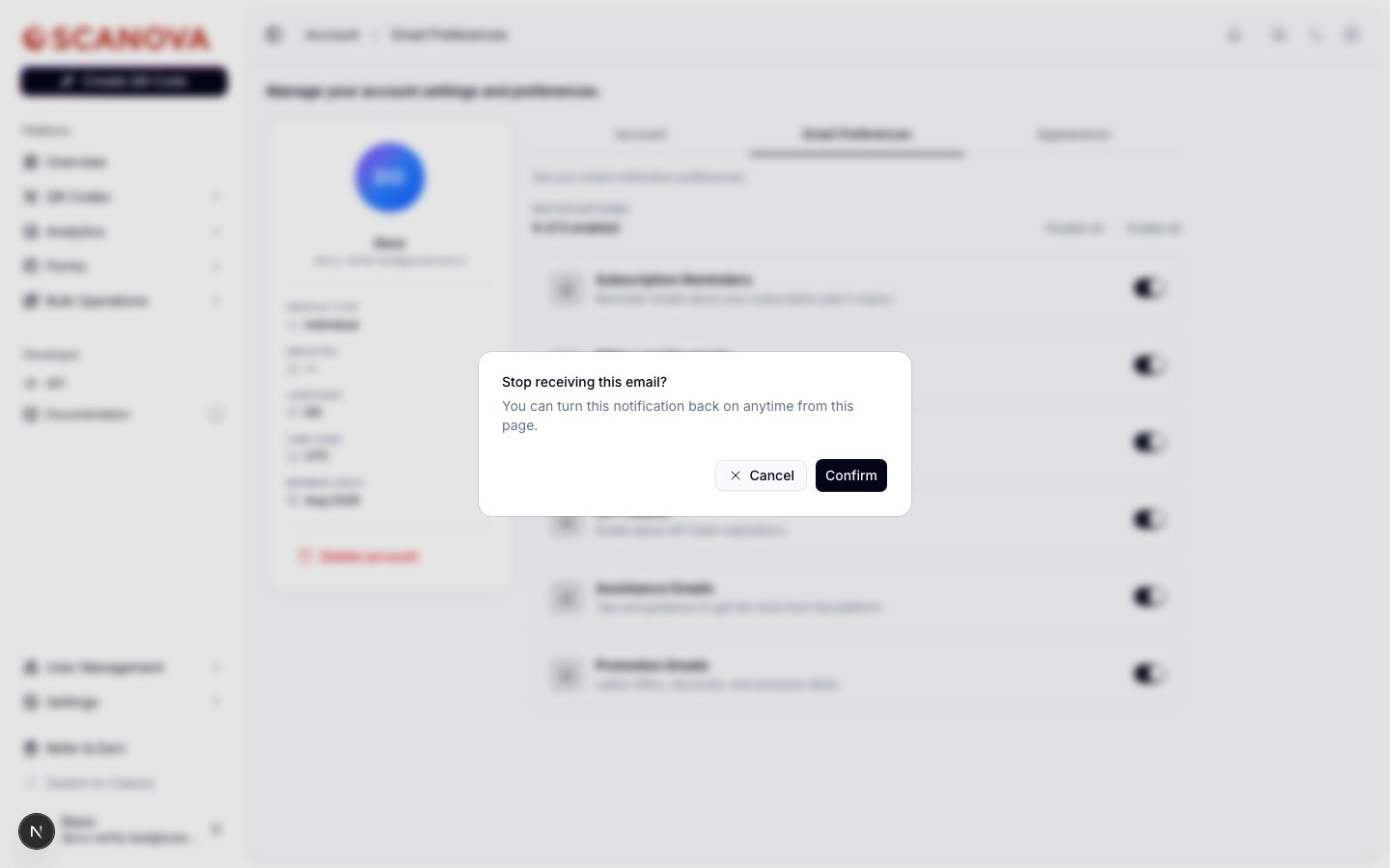 Stop receiving this email? confirmation dialog with the message You can turn this notification back on anytime from this page, and Cancel/Confirm buttons