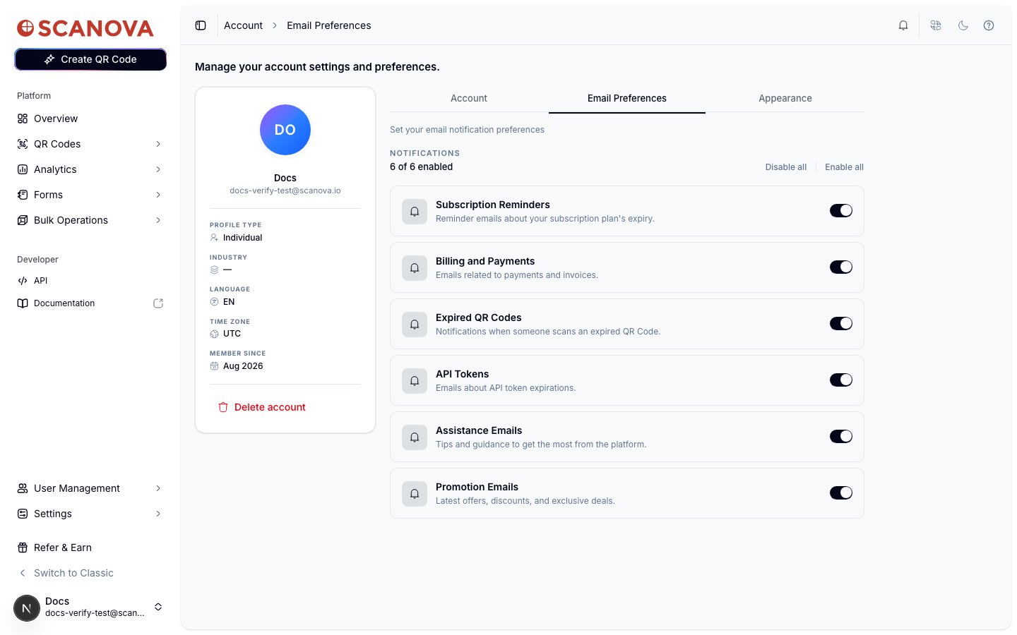 Email Preferences tab showing a Notifications header reading 6 of 6 enabled with Disable all and Enable all links, followed by six toggle rows: Subscription Reminders, Billing and Payments, Expired QR Codes, API Tokens, Assistance Emails, and Promotion Emails